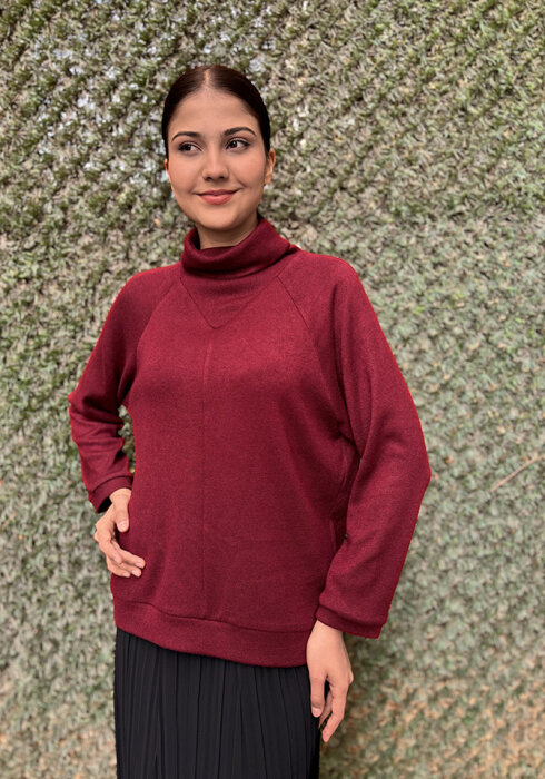 Noi Triko Angora Geniş Üçgen Yakalı Bluz BORDO - 1