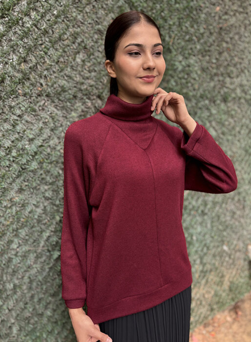 Noi Triko Angora Geniş Üçgen Yakalı Bluz BORDO - 2