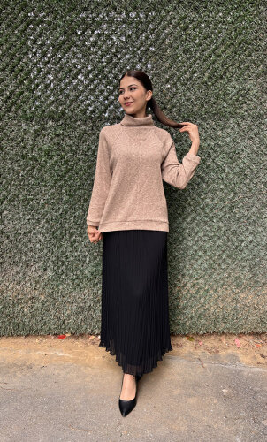 Noi Triko Angora Geniş Üçgen Yakalı Bluz CAMEL - 4