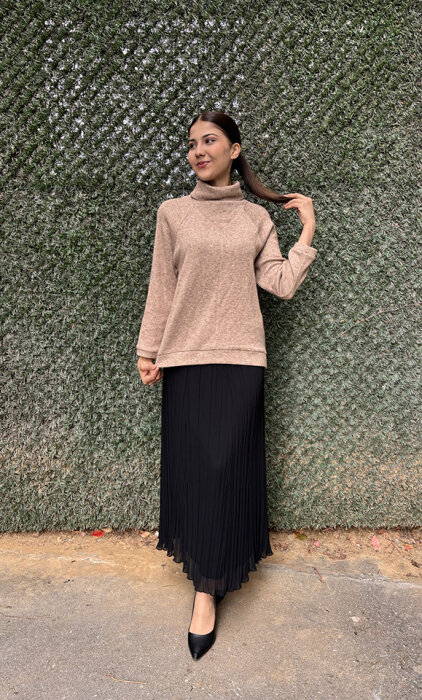 Noi Triko Angora Geniş Üçgen Yakalı Bluz CAMEL - 4