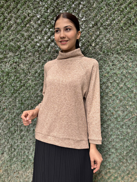 Noi Triko Angora Geniş Üçgen Yakalı Bluz CAMEL - 1
