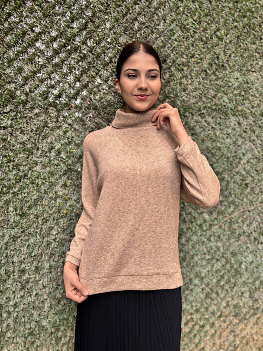 Noi Triko Angora Geniş Üçgen Yakalı Bluz CAMEL - 2