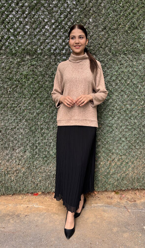 Noi Triko Angora Geniş Üçgen Yakalı Bluz CAMEL - 5