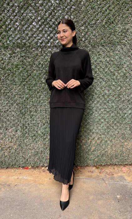 Noi Triko Angora Geniş Üçgen Yakalı Bluz SİYAH - 4