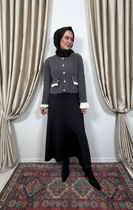 Noi Triko Angora Kol Ve Cepleri Pliseli Kısa Hırka ANTRASİT - 1