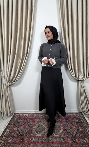 Noi Triko Angora Kol Ve Cepleri Pliseli Kısa Hırka ANTRASİT - 2