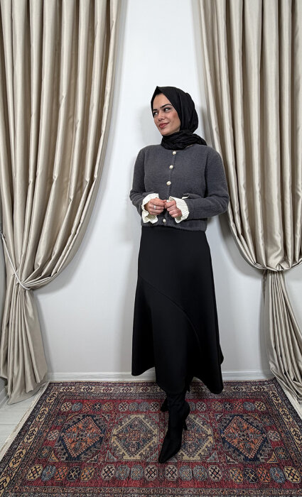 Noi Triko Angora Kol Ve Cepleri Pliseli Kısa Hırka ANTRASİT - 2