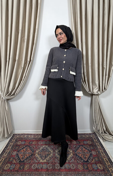 Noi Triko Angora Kol Ve Cepleri Pliseli Kısa Hırka ANTRASİT - 3