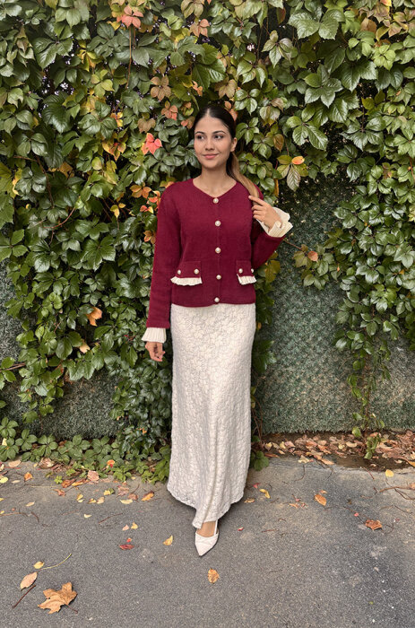 Noi Triko Angora Kol Ve Cepleri Pliseli Kısa Hırka BORDO - 1