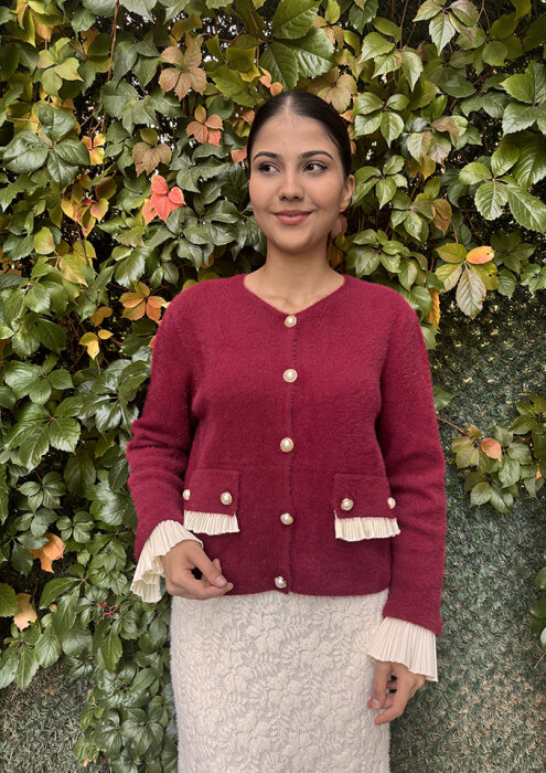 Noi Triko Angora Kol Ve Cepleri Pliseli Kısa Hırka BORDO - 3