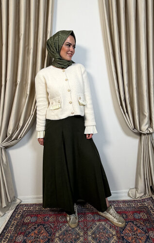 Noi Triko Angora Kol Ve Cepleri Pliseli Kısa Hırka KREM - 2