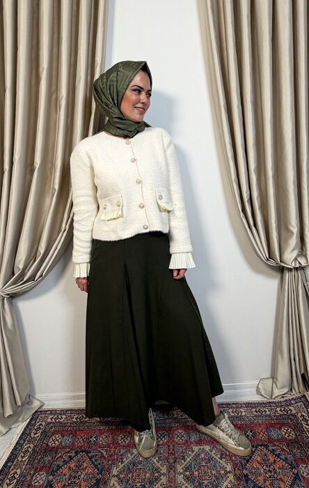 Noi Triko Angora Kol Ve Cepleri Pliseli Kısa Hırka KREM - 2