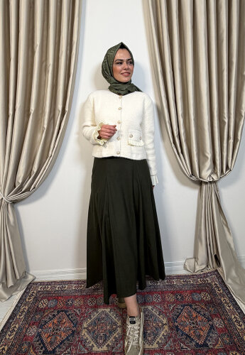 Noi Triko Angora Kol Ve Cepleri Pliseli Kısa Hırka KREM 