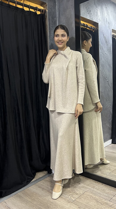 Noi Triko Angora Yuvarlak Yakadan Fularlı Bluz BEJ - 4