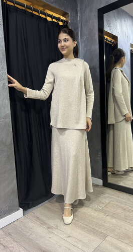 Noi Triko Angora Yuvarlak Yakadan Fularlı Bluz BEJ - 3