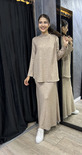 Noi Triko Angora Yuvarlak Yakadan Fularlı Bluz CAMEL - 3