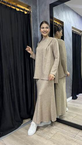 Noi Triko Angora Yuvarlak Yakadan Fularlı Bluz CAMEL - 4