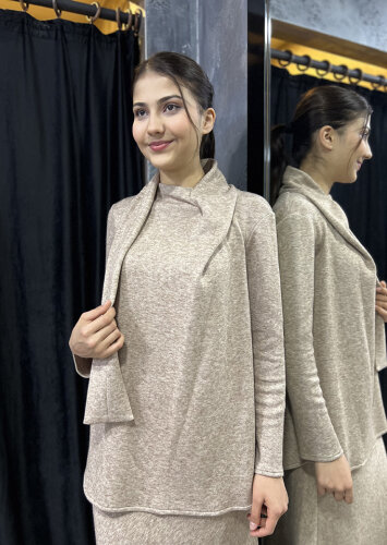 Noi Triko Angora Yuvarlak Yakadan Fularlı Bluz CAMEL - 2