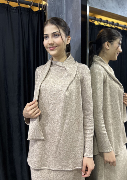 Noi Triko Angora Yuvarlak Yakadan Fularlı Bluz CAMEL - 2