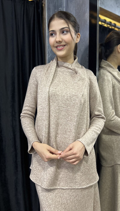 Noi Triko Angora Yuvarlak Yakadan Fularlı Bluz CAMEL - 1