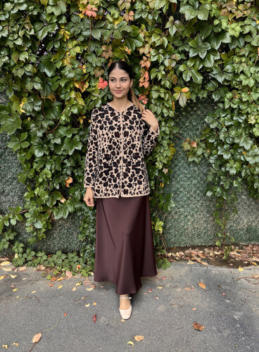 Noi Triko Çift Renkli Leopar Desenli Uzun Hırka CAMEL - NOİ