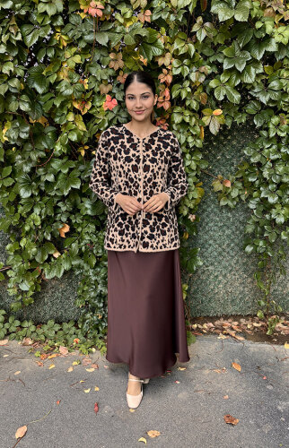 Noi Triko Çift Renkli Leopar Desenli Uzun Hırka CAMEL - 3