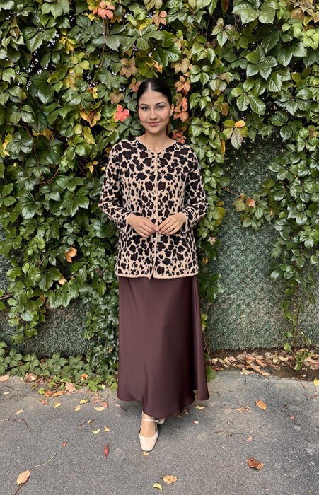 Noi Triko Çift Renkli Leopar Desenli Uzun Hırka CAMEL - 3