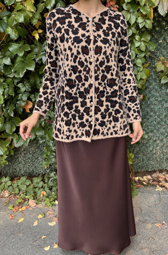 Noi Triko Çift Renkli Leopar Desenli Uzun Hırka CAMEL - 2