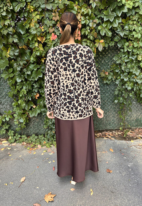 Noi Triko Çift Renkli Leopar Desenli Uzun Hırka CAMEL - 4