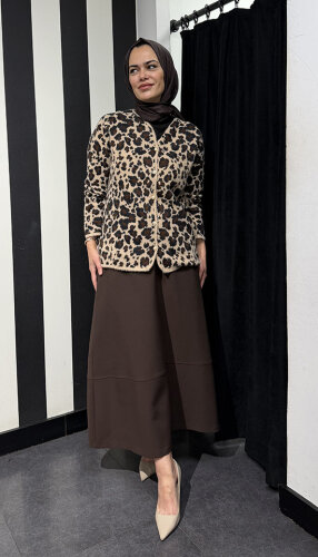 Noi Triko Çift Renkli Leopar Desenli Uzun Hırka CAMEL