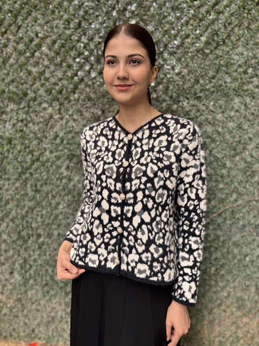 Noi Triko Çift Renkli Leopar Kısa Hırka SİYAH - 1