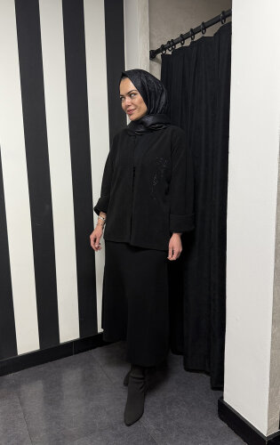 Noi Triko Fitilli Şal Yaka Taşlı Kısa Ceket SİYAH - 1