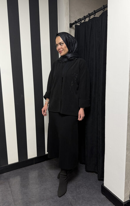 Noi Triko Fitilli Şal Yaka Taşlı Kısa Ceket SİYAH - 1