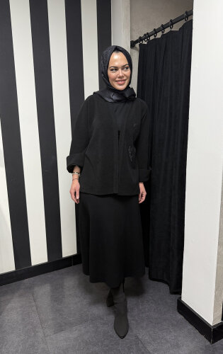 Noi Triko Fitilli Şal Yaka Taşlı Kısa Ceket SİYAH - 2