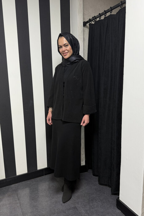 Noi Triko Fitilli Şal Yaka Taşlı Kısa Ceket SİYAH - 3