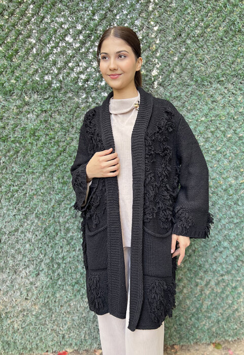 Noi Triko Püsküllü Hırka SİYAH - 3