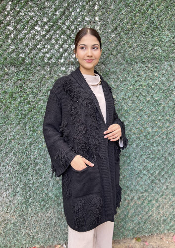 Noi Triko Püsküllü Hırka SİYAH - 4