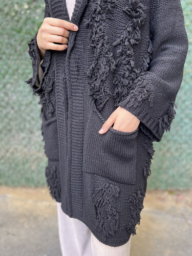 Noi Triko Püsküllü Hırka SİYAH - 5