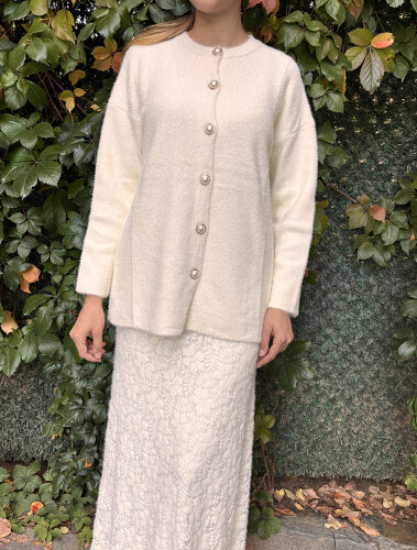 Noi Triko Yuvarlak Yaka Metal Düğmeli Uzun Hırka KREM - 3