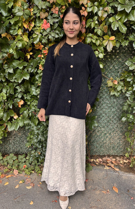 Noi Triko Yuvarlak Yaka Metal Düğmeli Uzun Hırka SİYAH - 3