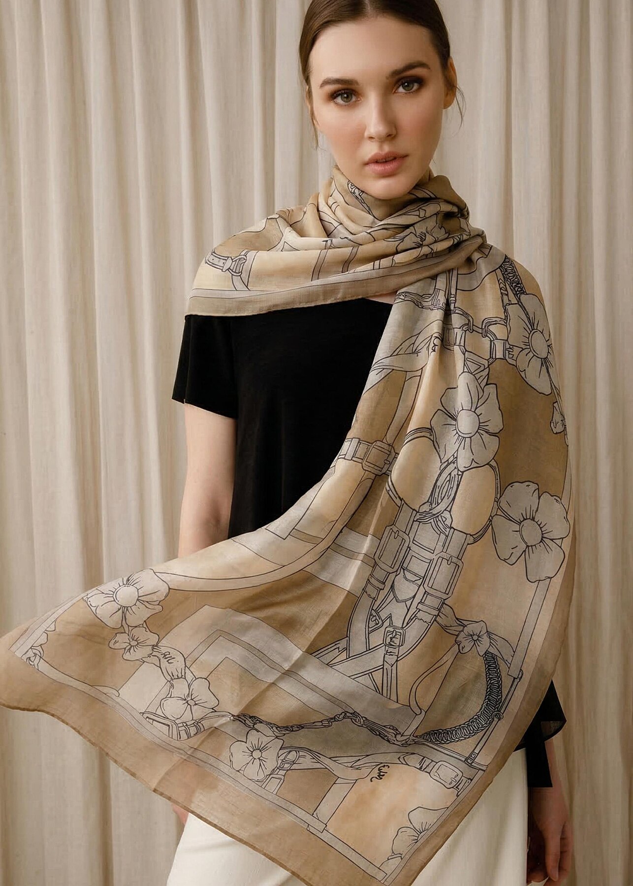 Noİ Viscon Bloklu Kementler Desenli Şal BEJ - 1