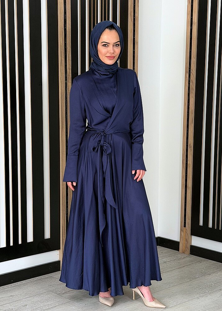 Noi Viscon Marble Dik Yaka Belden Pileli Uzun Manşetli Godeli Elbise LACİVERT