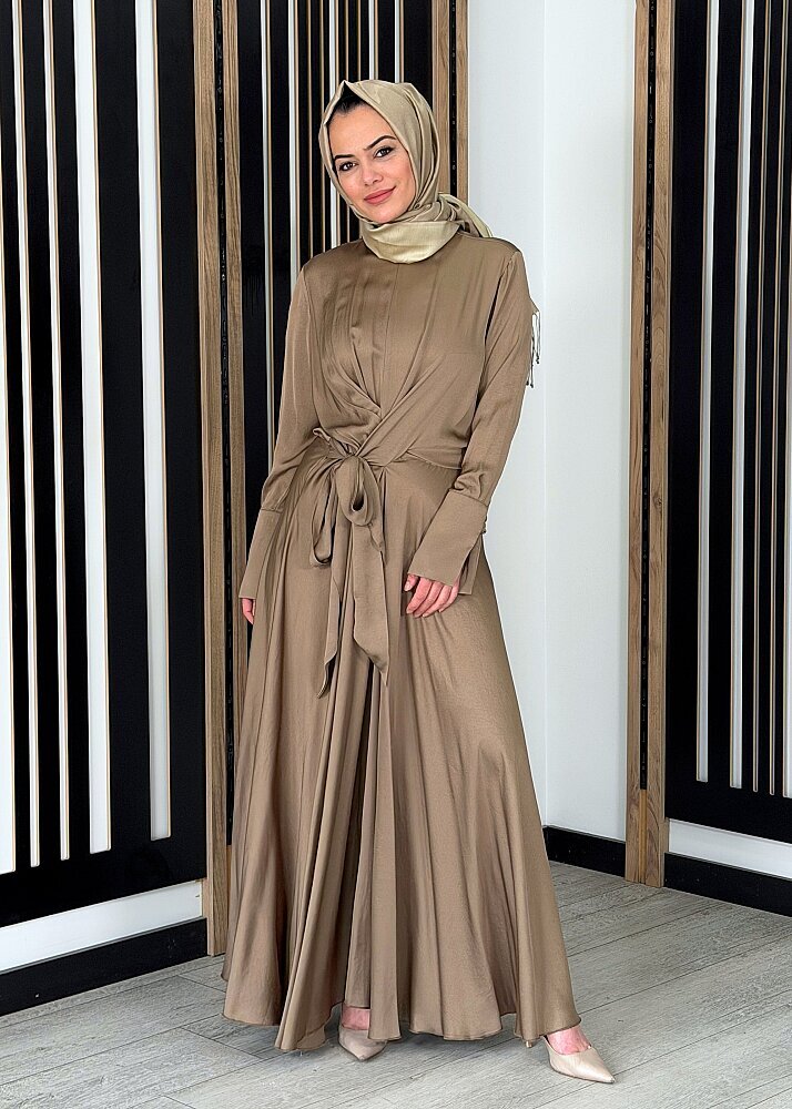 Noi Viscon Marble Dik Yaka Belden Pileli Uzun Manşetli Godeli Elbise VİZON