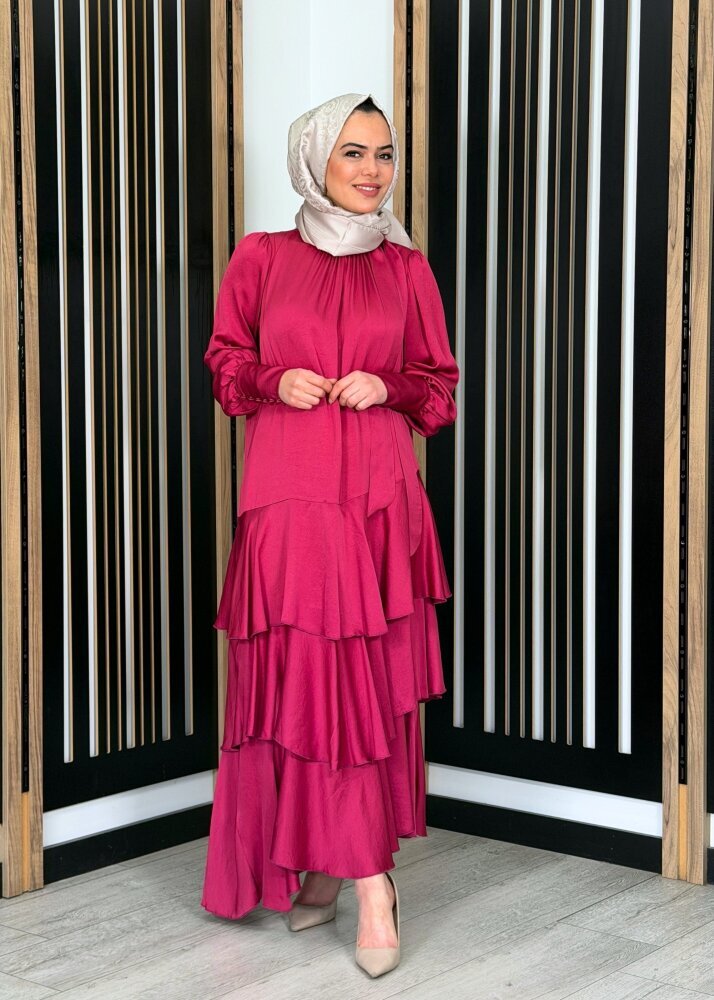 Noİ Viscon Mistik Fularlı Yaka Eteği Volanlı Elbise FUŞYA 