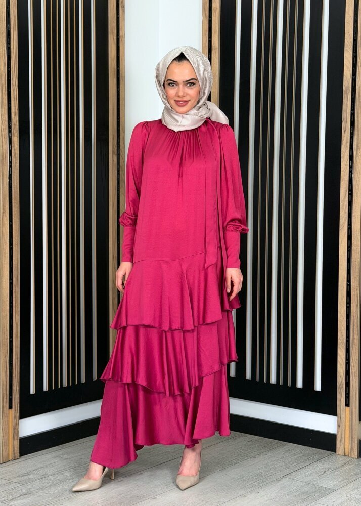 Noİ Viscon Mistik Fularlı Yaka Eteği Volanlı Elbise FUŞYA - 3