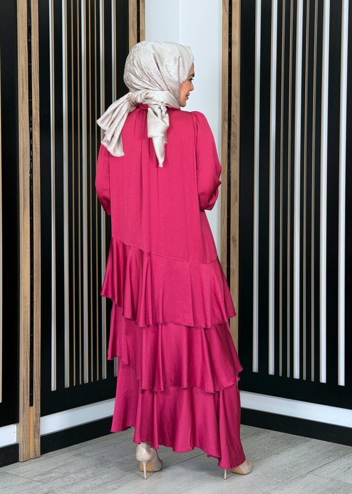 Noİ Viscon Mistik Fularlı Yaka Eteği Volanlı Elbise FUŞYA - 4