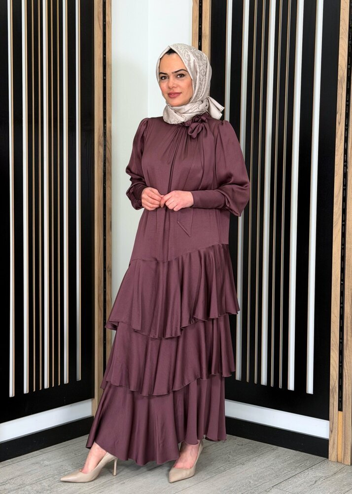 Noİ Viscon Mistik Fularlı Yaka Eteği Volanlı Elbise MÜRDÜM - 2