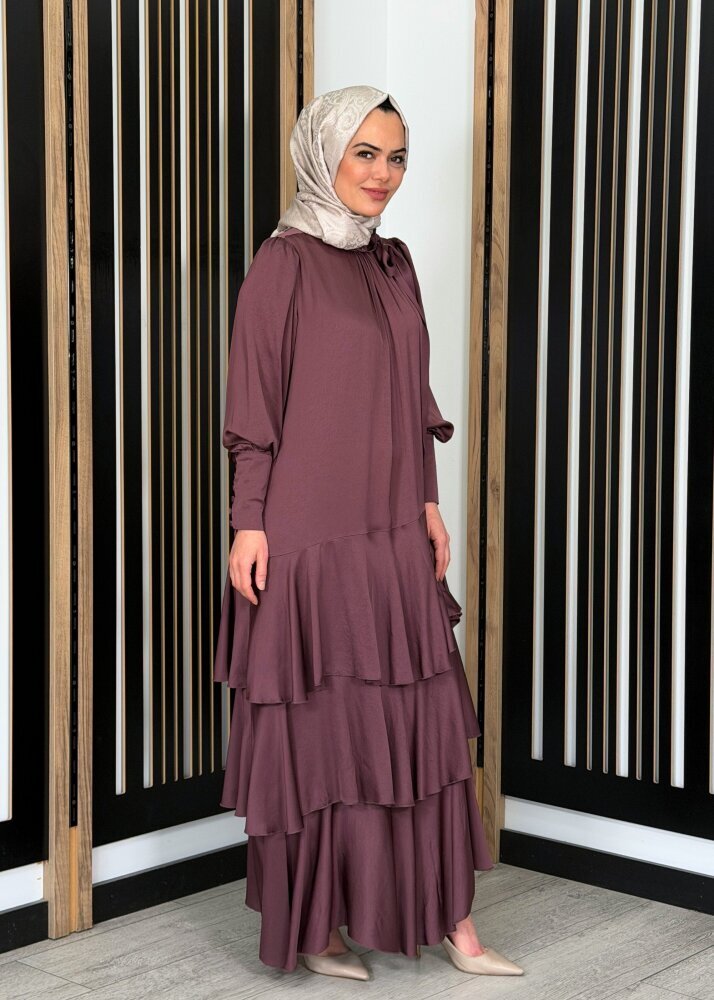 Noİ Viscon Mistik Fularlı Yaka Eteği Volanlı Elbise MÜRDÜM - 3