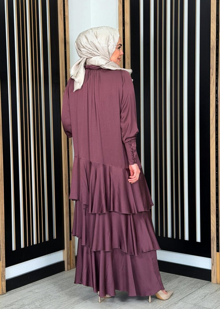 Noİ Viscon Mistik Fularlı Yaka Eteği Volanlı Elbise MÜRDÜM - 4