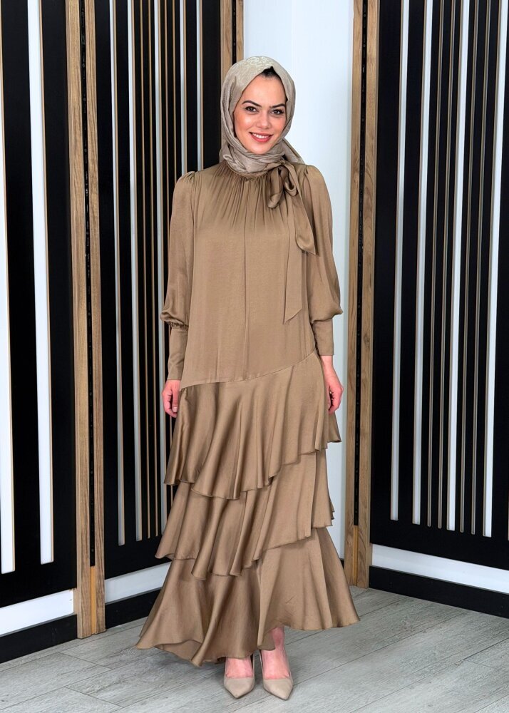 Noİ Viscon Mistik Fularlı Yaka Eteği Volanlı Elbise VİZON